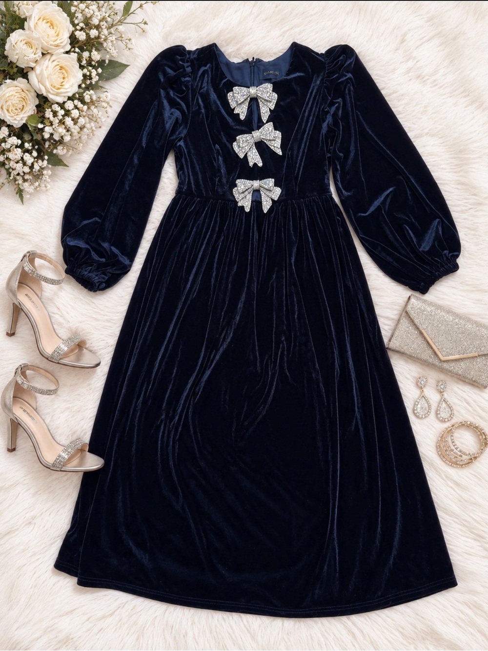 Jena Velvet Rhinestone Bow Puff Sleeve Midi Dress Coquette Cocktail